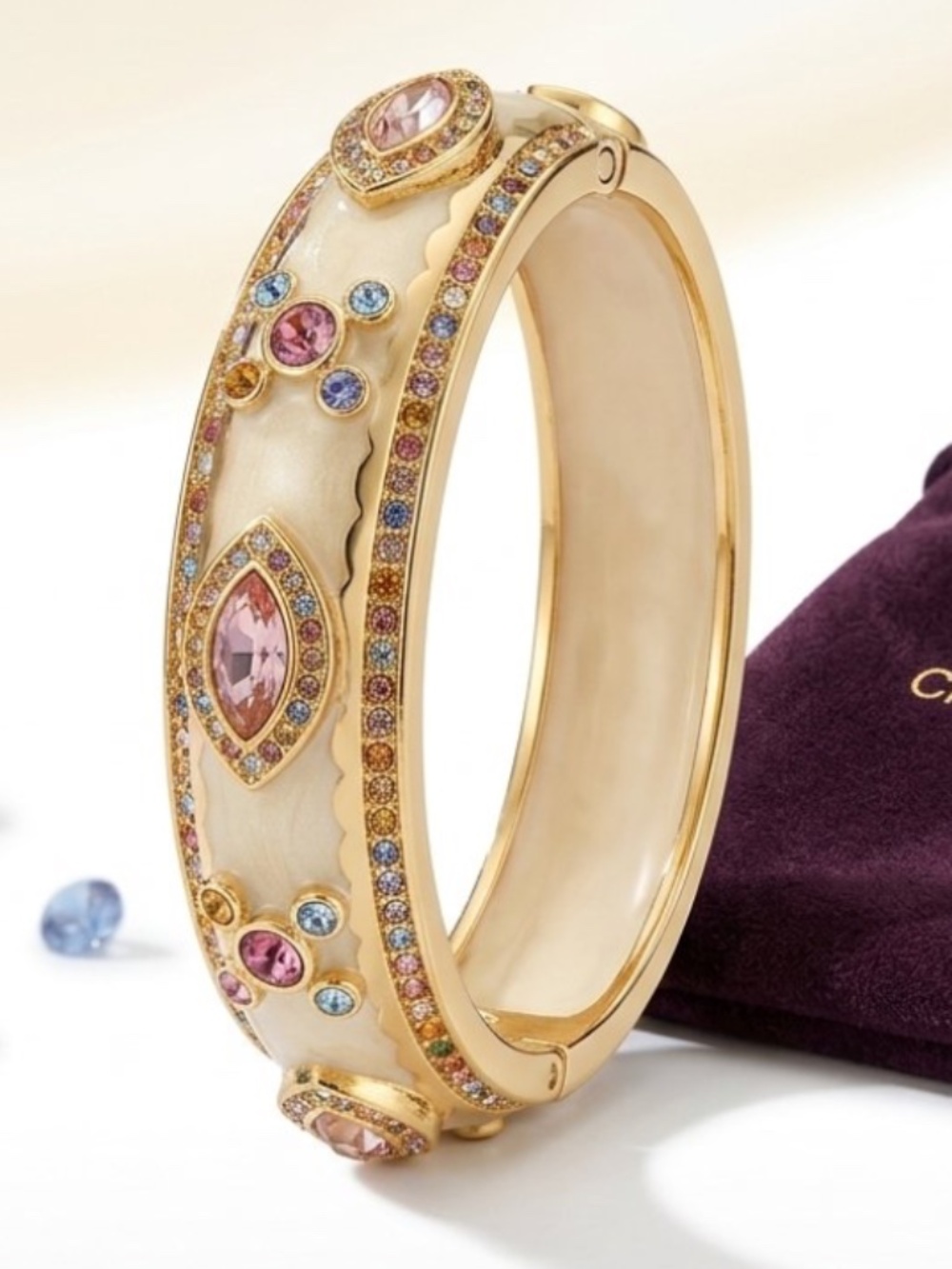 Vintage Cristina Sabatini White Enamel Gold Crystal Clamper Bangle Bracelet